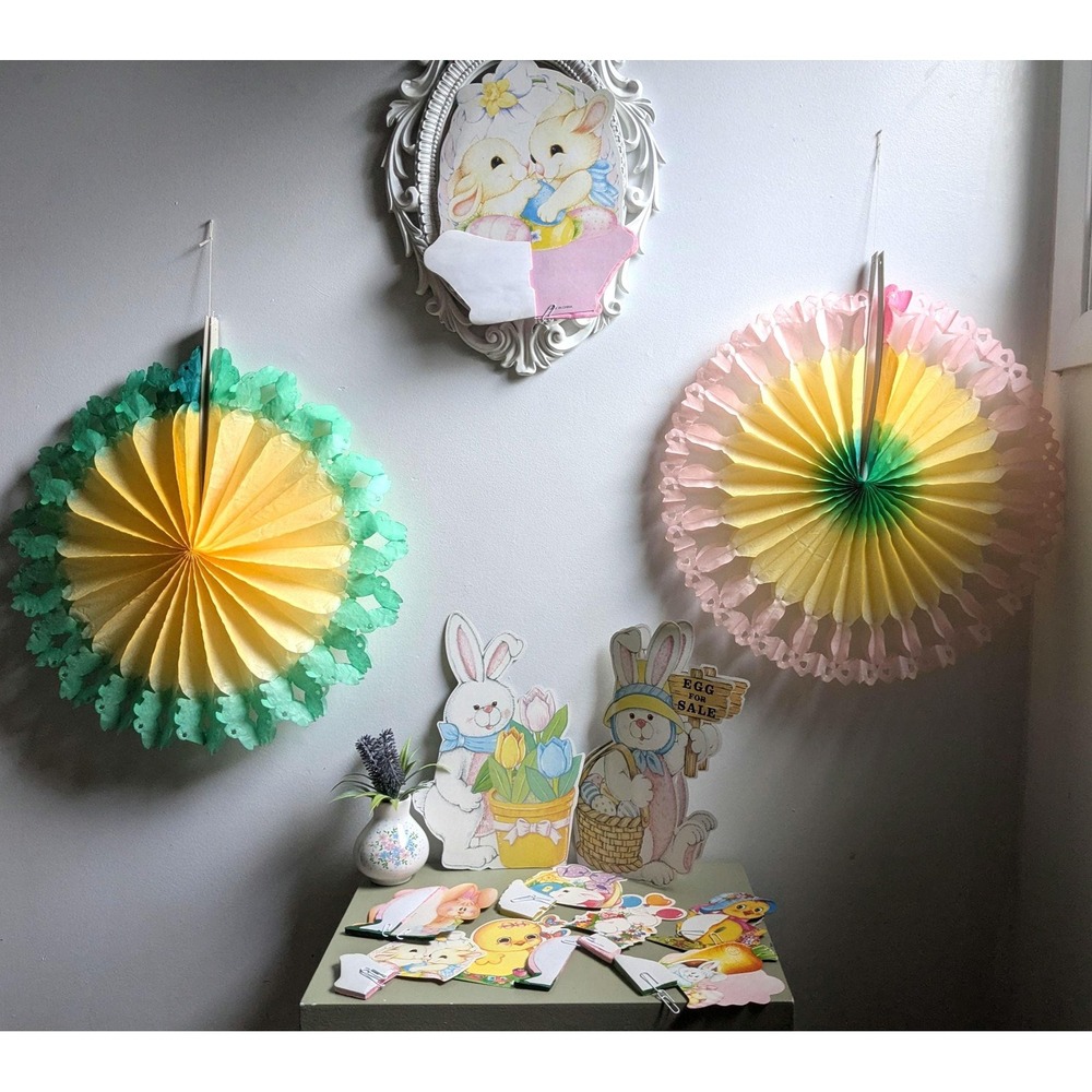 Vintage Easter Decoration Lot Bunny Die Cuts Tissue Fans Spring Decor Set